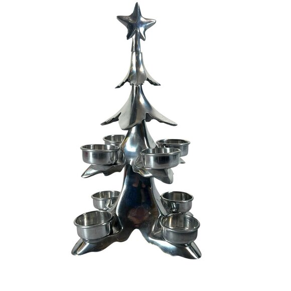 vintage Pottery Barn 11" Tall Crome Christmas Tree 8 Votive Candle Holder - Picture 4 of 8